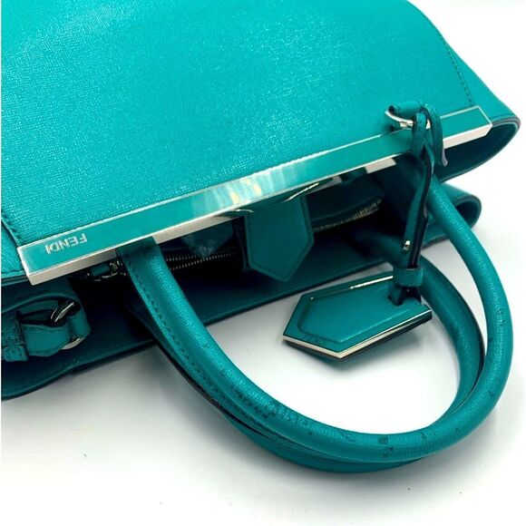 Auth Fendi 2Jours Petit 2way Turquoise Lagoon Saffiano Leather Tote Bag Preloved - Picture 9 of 16